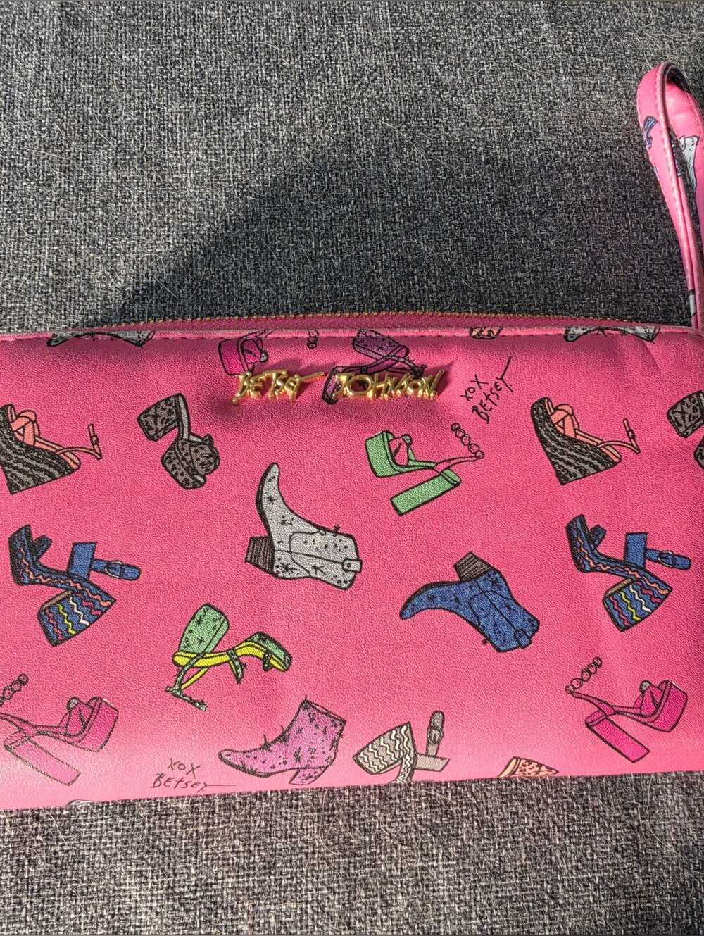 Betsey Johnson Pink Shoe-Pattern Wristlet with Gold Logo